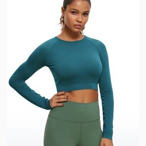 CRZ YOGA Seamless Long Sleeve Cropped Shirt Yoga Running Athletic Green Jade Med